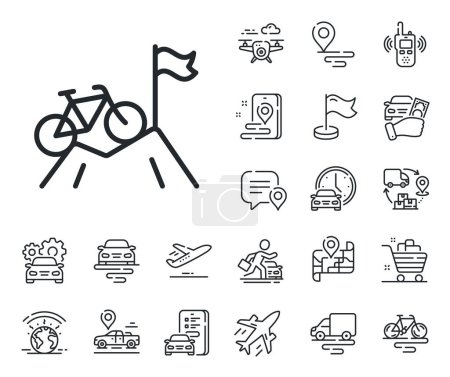 Illustration for Outdoor bicycle transport sign. Plane, supply chain and place location outline icons. Mountain bike line icon. Sport activity symbol. Mountain bike line sign. Taxi transport, rent a bike icon. Vector - Royalty Free Image