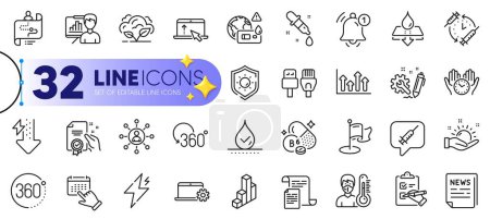Illustration for Outline set of Vaccination schedule, Computer cables and Swipe up line icons for web with Sun protection, Waterproof, Notebook service thin icon. Vitamin b6, Thermometer. Vector - Royalty Free Image