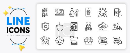 Illustration for Star target, Car charge and Reject protection line icons set for app include Chat app, Love mail, Fake news outline thin icon. Co2 gas, Fingerprint, Inspect pictogram icon. 360 degree. Vector - Royalty Free Image