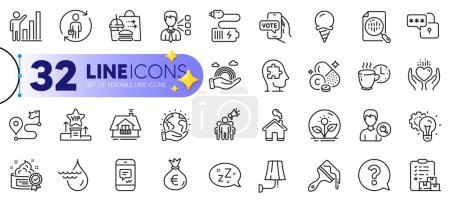 Illustration for Outline set of Graph chart, Money bag and Hold heart line icons for web with Online voting, Brush, Incubator thin icon. Mental conundrum, Third party, Home pictogram icon. Battery. Vector - Royalty Free Image