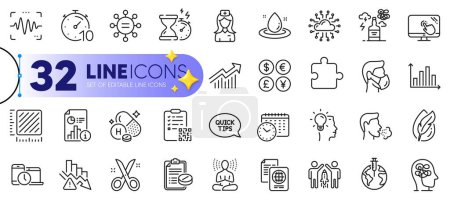 Illustration for Outline set of Report, Medical prescription and Money currency line icons for web with Square meter, Yoga, Time management thin icon. Vitamin h, Hourglass timer, Scissors pictogram icon. Vector - Royalty Free Image