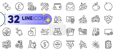 Illustration for Outline set of Like video, Saving electricity and Recycle line icons for web with Deflation, Inspect, Swipe up thin icon. Medical flight, Incubator, Dollar money pictogram icon. Vector - Royalty Free Image