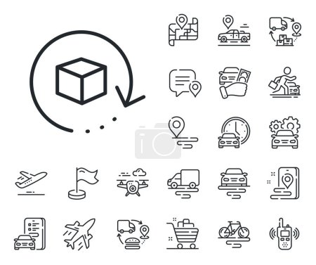 Illustration for Delivery parcel sign. Plane, supply chain and place location outline icons. Return package line icon. Cargo goods box symbol. Return package line sign. Taxi transport, rent a bike icon. Vector - Royalty Free Image