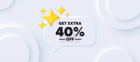 Illustration for Get Extra 40 percent off Sale. Neumorphic background with chat speech bubble. Discount offer price sign. Special offer symbol. Save 40 percentages. Extra discount speech message. Vector - Royalty Free Image