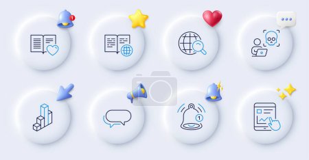 Illustration for Cyber attack, 3d chart and Reminder line icons. Buttons with 3d bell, chat speech, cursor. Pack of Messenger, Love book, Internet report icon. Internet search pictogram. For web app, printing. Vector - Royalty Free Image
