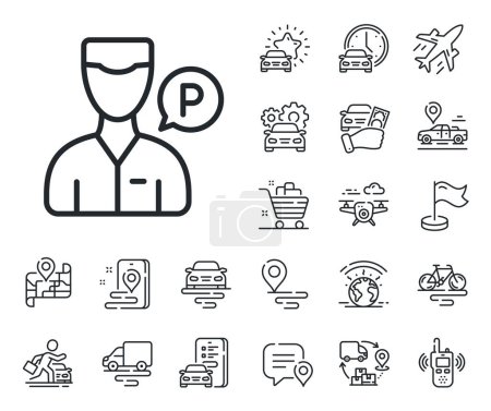 Illustration for Parking person sign. Plane, supply chain and place location outline icons. Valet servant line icon. Transport park service symbol. Valet servant line sign. Taxi transport, rent a bike icon. Vector - Royalty Free Image