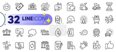 Illustration for Outline set of Bell alert, Filling station and Love award line icons for web with Monitor repair, Fast delivery, Chemistry flask thin icon. Online survey, Time schedule. Vector - Royalty Free Image