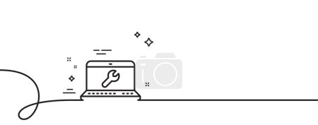Illustration for Spanner tool line icon. Continuous one line with curl. Laptop repair service sign. Fix instruments symbol. Laptop repair single outline ribbon. Loop curve pattern. Vector - Royalty Free Image