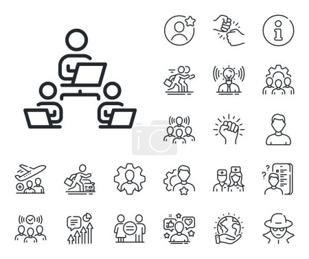 Illustration for Remote office sign. Specialist, doctor and job competition outline icons. Teamwork line icon. Team employees symbol. Teamwork line sign. Avatar placeholder, spy headshot icon. Strike leader. Vector - Royalty Free Image