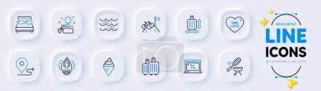 Illustration for Creative idea, Journey and Clown line icons for web app. Pack of Baggage, One love, Market pictogram icons. Fish grill, Waves, Mountain bike signs. Ice cream, Baggage size, Pillows. Vector - Royalty Free Image
