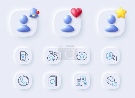Illustration for Call center, Update document and Loyalty points line icons. Placeholder with 3d bell, star, heart. Pack of Filling station, Pie chart, Timer icon. Electric app, Favorite chat pictogram. Vector - Royalty Free Image