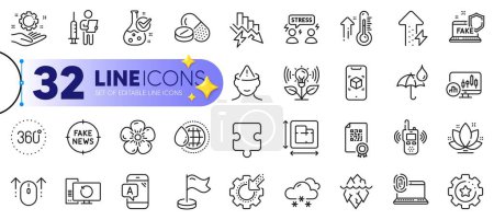 Illustration for Outline set of Ab testing, Iceberg and Transmitter line icons for web with 360 degrees, Puzzle, Saving electricity thin icon. Energy growing, World water, Augmented reality pictogram icon. Vector - Royalty Free Image
