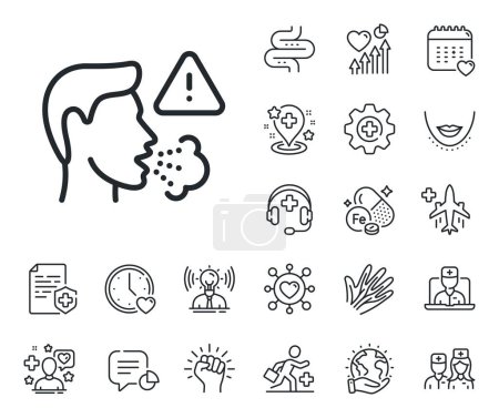 Illustration for Coronavirus symptom sign. Online doctor, patient and medicine outline icons. Cough line icon. Flu, sneeze or pneumonie symbol. Cough line sign. Veins, nerves and cosmetic procedure icon. Vector - Royalty Free Image