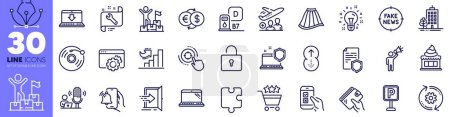 Illustration for Alarm clock, Vinyl record and Fake news line icons pack. Seo target, Ice cream, Money exchange web icon. Diesel station, Seo gear, Cogwheel pictogram. Computer security, Delivery man. Vector - Royalty Free Image