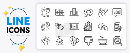 Illustration for T-shirt, Smile and Analytical chat line icons set for app include Check article, Diagram chart, Buildings outline thin icon. Bath, Road, Empower pictogram icon. Pie chart, Money currency. Vector - Royalty Free Image