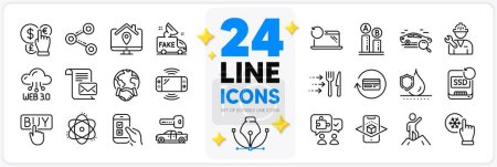 Illustration for Icons set of Money currency, Repairman and Share line icons pack for app with Augmented reality, Mobile survey, Car key thin outline icon. Game console, Waterproof, Leadership pictogram. Vector - Royalty Free Image