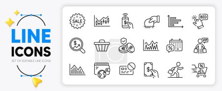 Illustration for Donate, Investment and Financial diagram line icons set for app include Vip shopping, Currency audit, Savings insurance outline thin icon. Phone payment, Receive money, Sale pictogram icon. Vector - Royalty Free Image