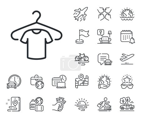 Illustration for Tee shirt with hanger sign. Plane jet, travel map and baggage claim outline icons. T-shirt line icon. Fabric sport wear symbol. T-shirt line sign. Car rental, taxi transport icon. Vector - Royalty Free Image