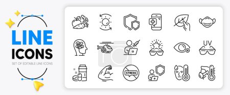 Illustration for Stop stress, Best glasses and Vegetables line icons set for app include Farsightedness, Sick man, Shields outline thin icon. Fever, Medical helicopter, Medical drugs pictogram icon. Vector - Royalty Free Image