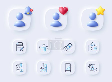Illustration for Graph phone, Wallet and Article line icons. Placeholder with 3d bell, star, heart. Pack of Technical algorithm, Fast payment, Chemistry lab icon. Search employee, Cloud sync pictogram. Vector - Royalty Free Image
