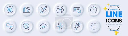 Illustration for Puzzle, Megaphone and Info line icons for web app. Pack of Time management, Stress, Power pictogram icons. Vr, Manual, Decreasing graph signs. Startup rocket, Discrimination, Timer. Vector - Royalty Free Image