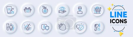 Illustration for Medical food, Medical analyzes and Electronic thermometer line icons for web app. Pack of Health eye, Anti-dandruff flakes, Strawberry pictogram icons. Vegetables cart, Shield, Sunscreen signs. Vector - Royalty Free Image