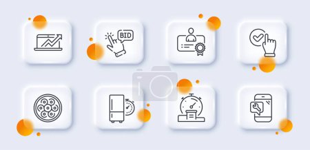 Illustration for Cable section, Certificate and Phone repair line icons pack. 3d glass buttons with blurred circles. Refrigerator timer, Checkbox, Timer web icon. Sales diagram, Bid offer pictogram. Vector - Royalty Free Image