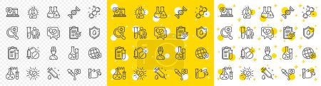 Illustration for Drug testing, scientific discovery and disease prevention signs. Medical healthcare, doctor line icons. Chemical formula, medical doctor research, chemistry testing lab icons. Vector - Royalty Free Image