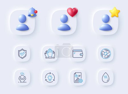 Illustration for Wallet, Idea and Confirmed line icons. Placeholder with 3d bell, star, heart. Pack of Air fan, Difficult stress, Hot water icon. Report, Vote pictogram. For web app, printing. Vector - Royalty Free Image
