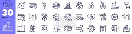 Illustration for Recovery data, Chemical formula and Coffee line icons pack. Deckchair, Global business, Calendar web icon. Computer keyboard, Heart, Creativity pictogram. Tips, Buildings, Scroll down. Vector - Royalty Free Image