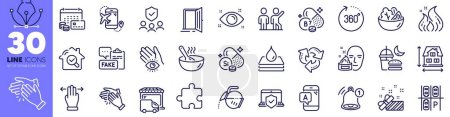 Illustration for Money calendar, Waterproof and Flight destination line icons pack. Fire energy, Clapping hands, Salad web icon. Fake document, Cook, Reminder pictogram. Multitasking gesture. Vector - Royalty Free Image