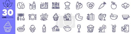 Illustration for Fast food, Grill pan and Popcorn line icons pack. Food app, Cake, Milk web icon. Diet menu, Ice cream, Potato pictogram. Apple, Leaf, Grill tools. Water bottle, Americano, Water glass. Vector - Royalty Free Image