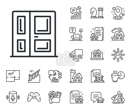 Illustration for Entry door sign. Floor plan, stairs and lounge room outline icons. Entrance line icon. Building exit symbol. Entrance line sign. House mortgage, sell building icon. Real estate. Vector - Royalty Free Image