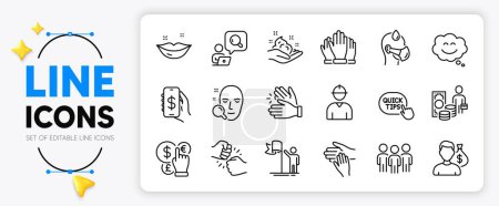 Inspect, Engineer and Sick man line icons set for app include Vote, Lips, Volunteer outline thin icon. Money currency, Quick tips, Face search pictogram icon. Clapping hands, Smile chat. Vector