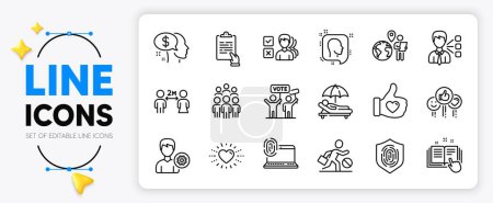 Illustration for Group people, Opinion and Technical documentation line icons set for app include Outsource work, Pay, Head outline thin icon. Like hand, Support, Social distancing pictogram icon. Vector - Royalty Free Image