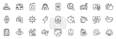 Illustration for Icons pack as Power, Cooking mix and Transport insurance line icons for app include Augmented reality, Currency audit, Customer satisfaction outline thin icon web set. Eye laser, Parking. Vector - Royalty Free Image