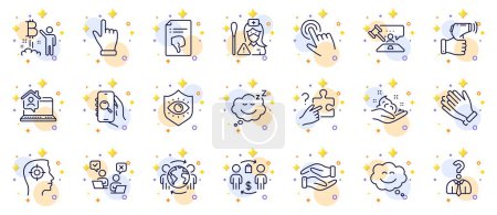Illustration for Outline set of Clapping hands, Cursor and Bitcoin project line icons for web app. Include Recruitment, Search puzzle, Skin care pictogram icons. Global business, Buying process. Vector - Royalty Free Image