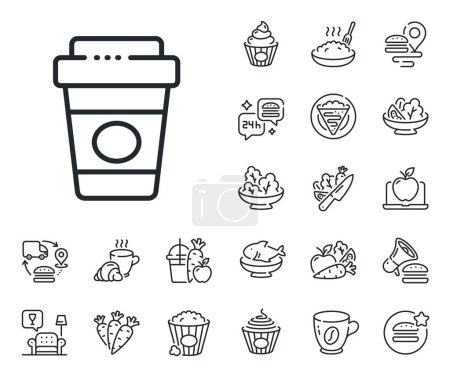 Illustration for Hot latte cup sign. Crepe, sweet popcorn and salad outline icons. Takeaway coffee line icon. Tea drink mug symbol. Takeaway coffee line sign. Pasta spaghetti, fresh juice icon. Supply chain. Vector - Royalty Free Image