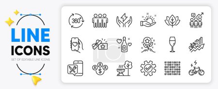 Illustration for E-bike, Sunny weather and Loyalty gift line icons set for app include Food app, Training results, Buying currency outline thin icon. 360 degree, Love champagne, Loyalty points pictogram icon. Vector - Royalty Free Image