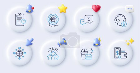 Illustration for Patient history, Business meeting and Payment received line icons. Buttons with 3d bell, chat speech, cursor. Pack of Food delivery, Logistics network, Wallet money icon. Vector - Royalty Free Image
