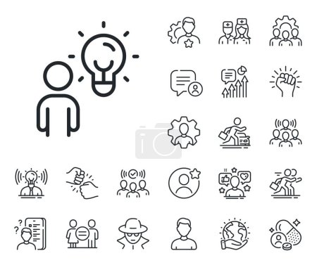 Illustration for Human with lightbulb sign. Specialist, doctor and job competition outline icons. Business idea line icon. symbol. Group people line sign. Avatar placeholder, spy headshot icon. Strike leader. Vector - Royalty Free Image