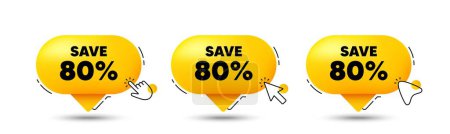 Illustration for Save 80 percent off tag. Click here buttons. Sale Discount offer price sign. Special offer symbol. Discount speech bubble chat message. Talk box infographics. Vector - Royalty Free Image