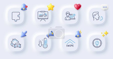 Illustration for Low thermometer, Cough and Puzzle line icons. Buttons with 3d bell, chat speech, cursor. Pack of Presentation, Swipe up, Idea icon. Home charging, Success business pictogram. Vector - Royalty Free Image