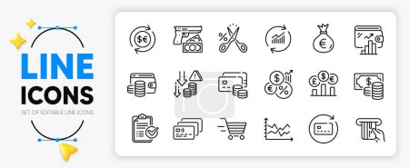 Illustration for Wallet money, Wallet and Survey checklist line icons set for app include Renew card, Inflation, Card outline thin icon. Coins banknote, Cut tax, Diagram chart pictogram icon. Vector - Royalty Free Image
