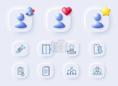 Illustration for Clipboard, Telemedicine and Copy files line icons. Placeholder with 3d bell, star, heart. Pack of Escalator, Phone pay, Restructuring icon. Lift, Winner podium pictogram. For web app, printing. Vector - Royalty Free Image