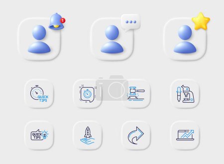 Illustration for Auction hammer, Share and Crowdfunding line icons. Placeholder with 3d star, reminder bell, chat. Pack of Sales diagram, Education idea, Timer icon. Quick tips, Microscope pictogram. Vector - Royalty Free Image