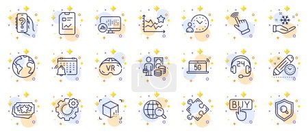 Illustration for Outline set of Cursor, Internet search and Inspect line icons for web app. Include Help app, Buying, Report statistics pictogram icons. World planet, Augmented reality, Loyalty points signs. Vector - Royalty Free Image