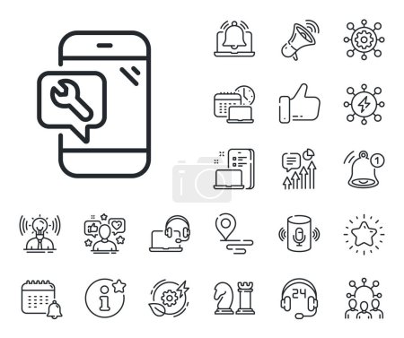 Illustration for Phone repair service sign. Place location, technology and smart speaker outline icons. Spanner tool line icon. Fix instruments symbol. Phone repair line sign. Influencer, brand ambassador icon. Vector - Royalty Free Image