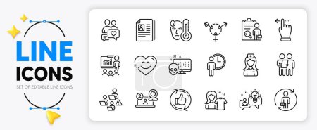 Ilustración de Chat de citas, Encuesta y Idea iconos de línea establecidos para la aplicación incluyen gesto de pantalla táctil, Presentación, Enfermera del hospital esbozan icono delgado. Reemplazo, Esperando, Icono de pictograma de videoconferencia. Vector - Imagen libre de derechos