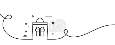 Illustration for Shopping bag with Gift box line icon. Continuous one line with curl. Present or Sale sign. Birthday Shopping symbol. Package in Gift Wrap. Holidays shopping single outline ribbon. Vector - Royalty Free Image